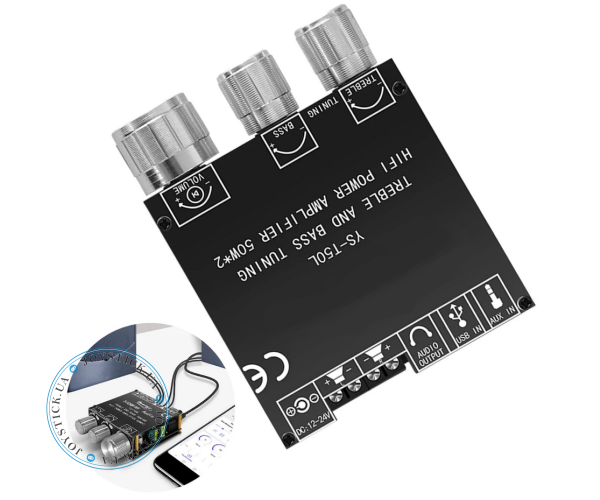 Підсилювач звуку двоканальний T50L 50x2 Ват D-клас - підтримка Bluetooth AUX USB Колір Чорний